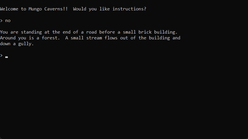 Mungo Caverns played in a terminal: into the well house, take the lamp, xyzzy to the debris room